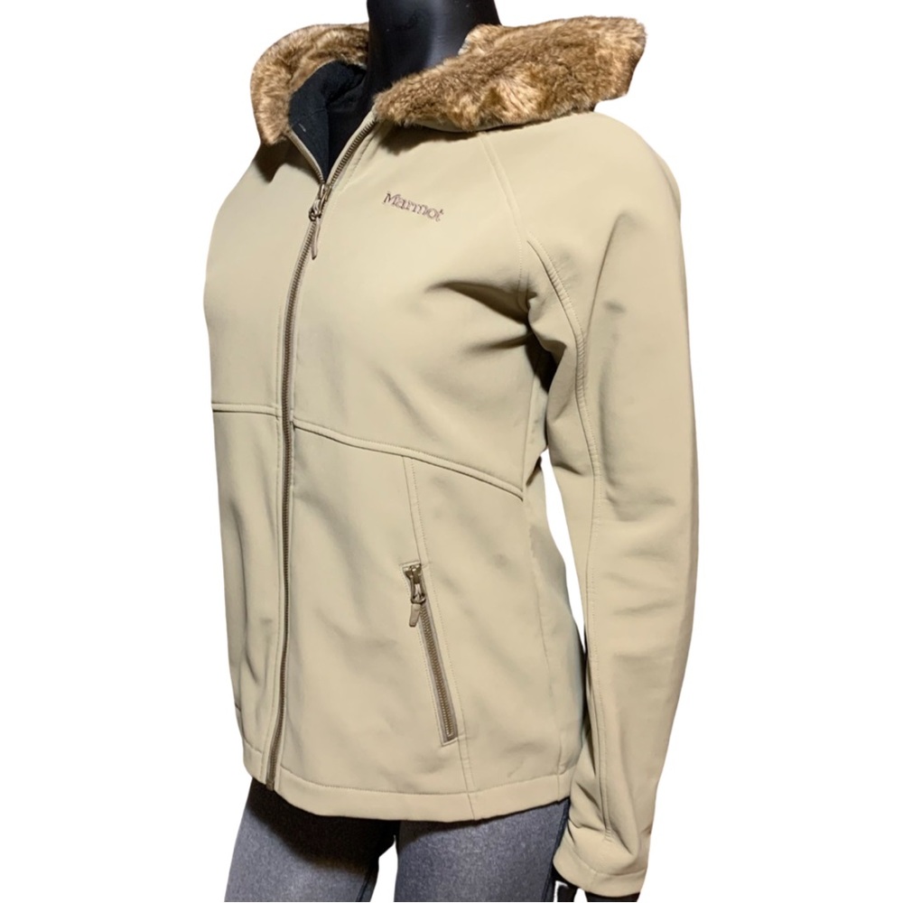 Marmot Tan Bomber Jacket with Faux Fur Hood